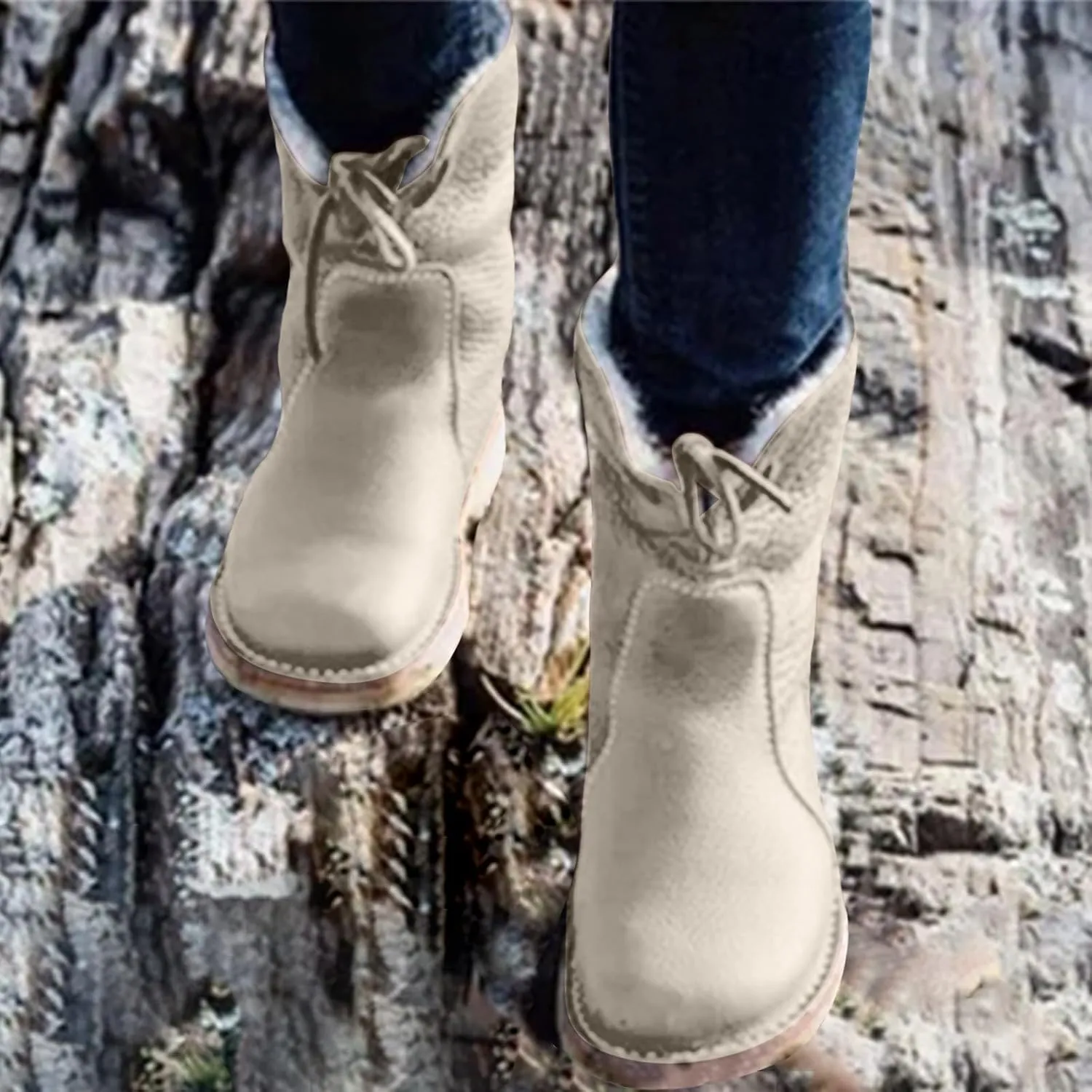 Winter Boots for Women Waterproof Leather Mid Calf Boots Warm Wool Lined Snow Shoes Flat Heel Lace Up Christmas Shoes