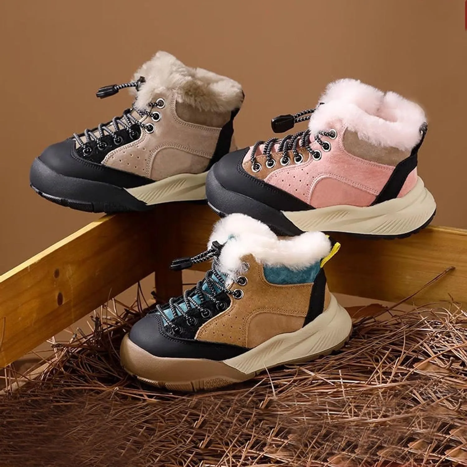 Winter Outdoor Faux Fr Snow Boots for Kids Fleece Plush Warm Furry Ankle Booties Boys Girls Hiking Sport Shoes