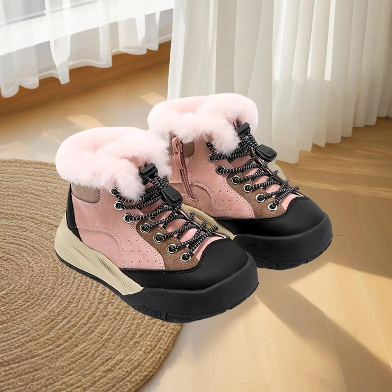 Winter Outdoor Faux Fr Snow Boots for Kids Fleece Plush Warm Furry Ankle Booties Boys Girls Hiking Sport Shoes