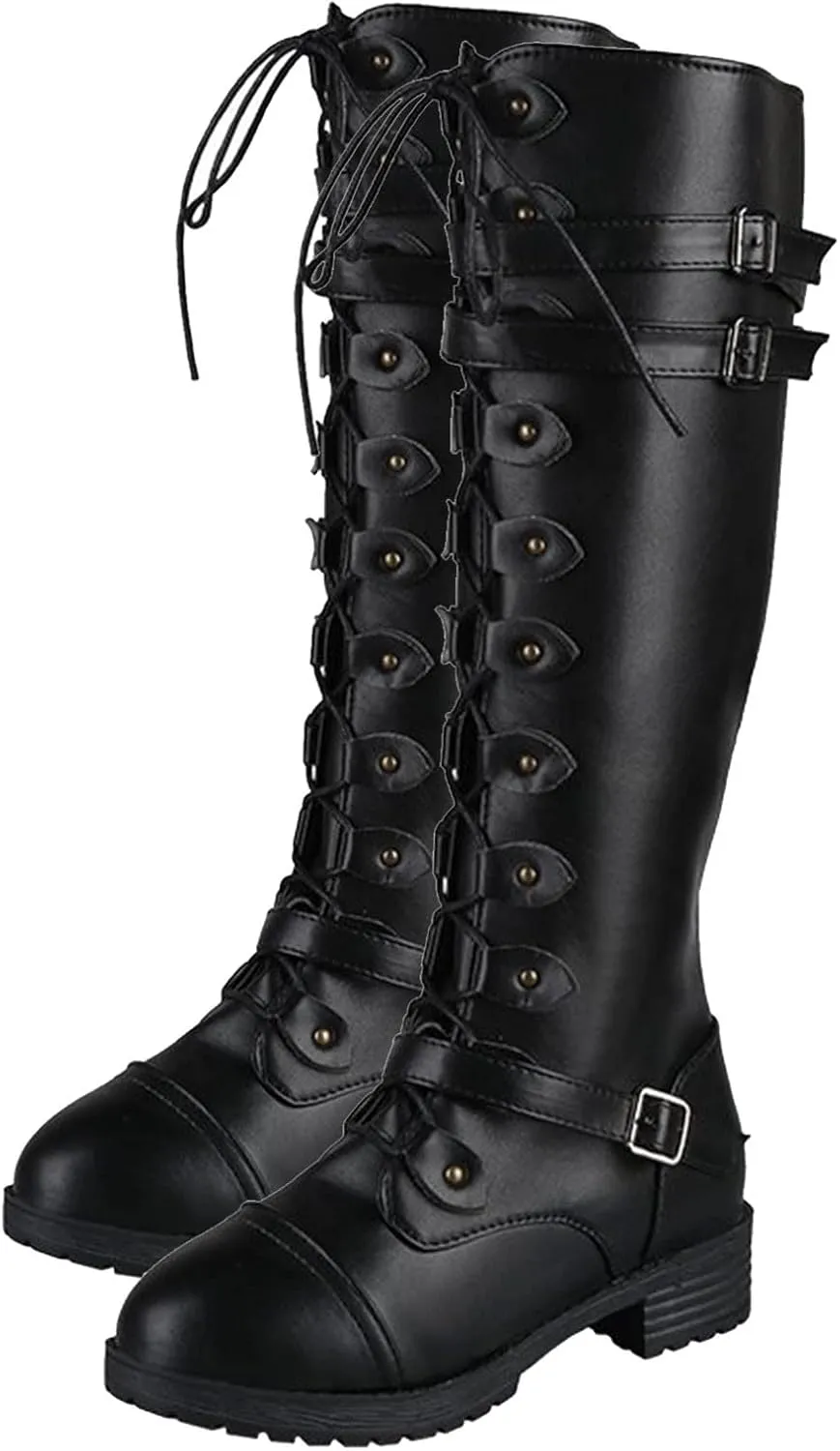 wodceeke Women's Knee High Riding Boots Lace Up Wide Calf Combat Boots Chunky Heel Side Zippr Buckle Boots