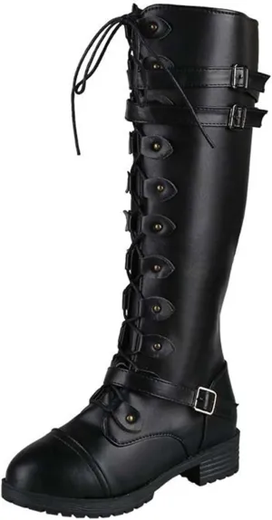 wodceeke Women's Knee High Riding Boots Lace Up Wide Calf Combat Boots Chunky Heel Side Zippr Buckle Boots