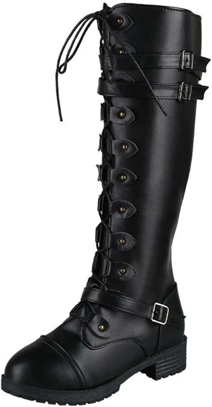 wodceeke Women's Knee High Riding Boots Lace Up Wide Calf Combat Boots Chunky Heel Side Zippr Buckle Boots