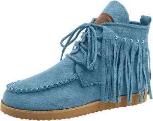 Women Fringe Ankle Booties Casual Flat Shoes Lace Up High Top Comfort Shoes Solid Vintage Lug Sole Short Boots Heeled Booties Birthday Gifts For Wome