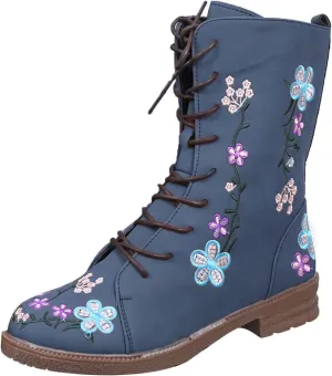 Women Low Heel Mid Calf Boots Comfortable Boots for Women Walking Low Chunky Heels Flower Embroidered Lace up Boots