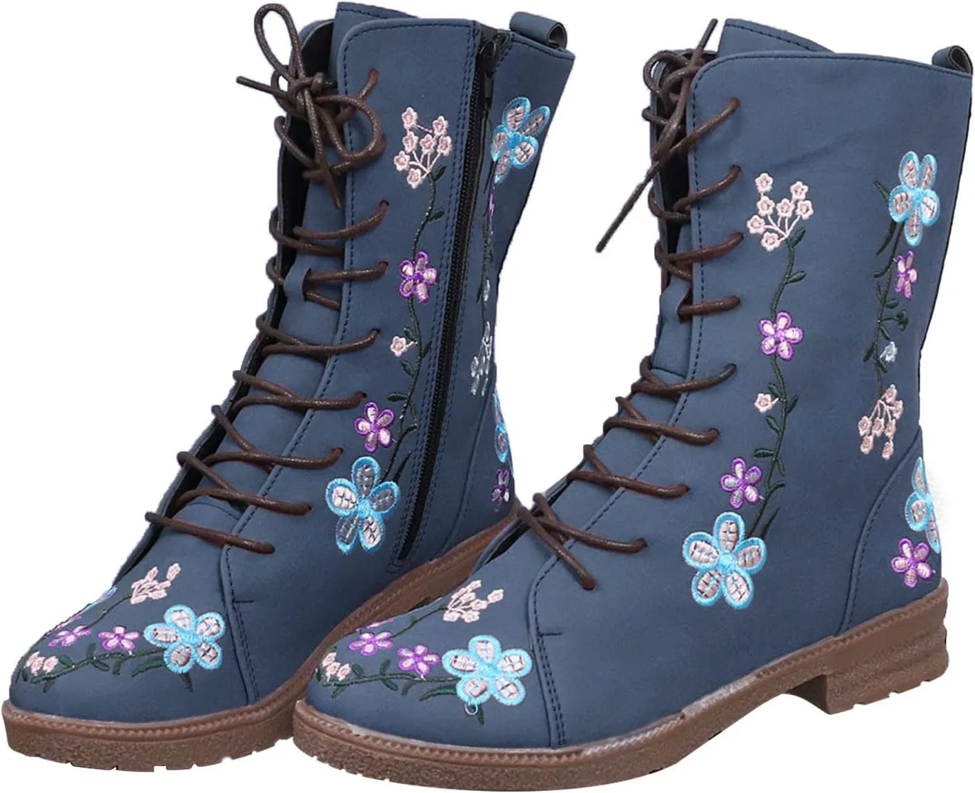 Women Low Heel Mid Calf Boots Comfortable Boots for Women Walking Low Chunky Heels Flower Embroidered Lace up Boots