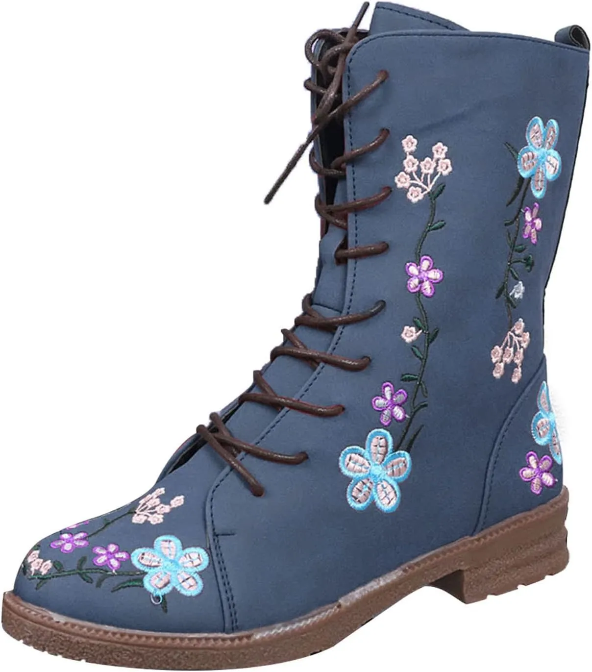 Women Low Heel Mid Calf Boots Comfortable Boots for Women Walking Low Chunky Heels Flower Embroidered Lace up Boots
