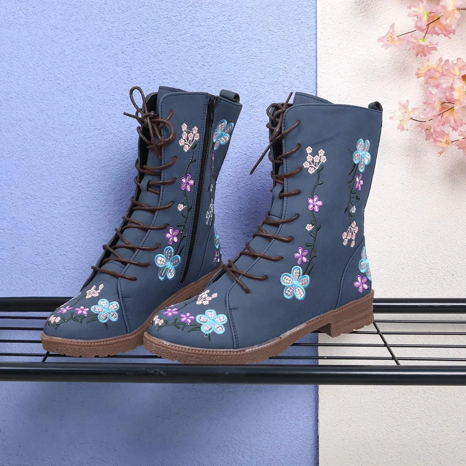 Women Low Heel Mid Calf Boots Comfortable Boots for Women Walking Low Chunky Heels Flower Embroidered Lace up Boots