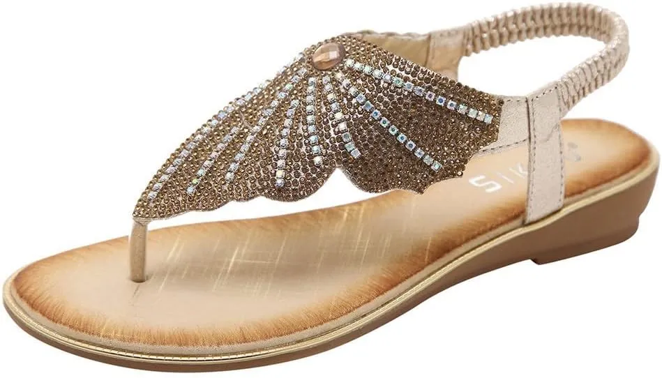 Women Rhinestone Flat Sandals Summer Dressy Beach Slip On T-Strap Buckle Bohemian Flat Sandals Open Toe Slide Sandal