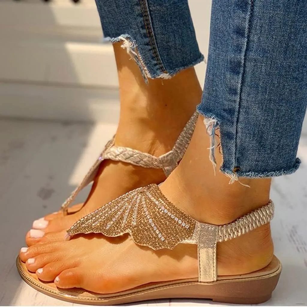 Women Rhinestone Flat Sandals Summer Dressy Beach Slip On T-Strap Buckle Bohemian Flat Sandals Open Toe Slide Sandal