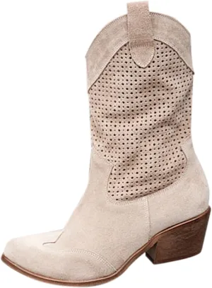 Women Western Pointe Toe Low Heel High Top Ankle Shaft Mesh Bootie Winter Chunky Heel Softy Pull-On Boots (Beige, 7)