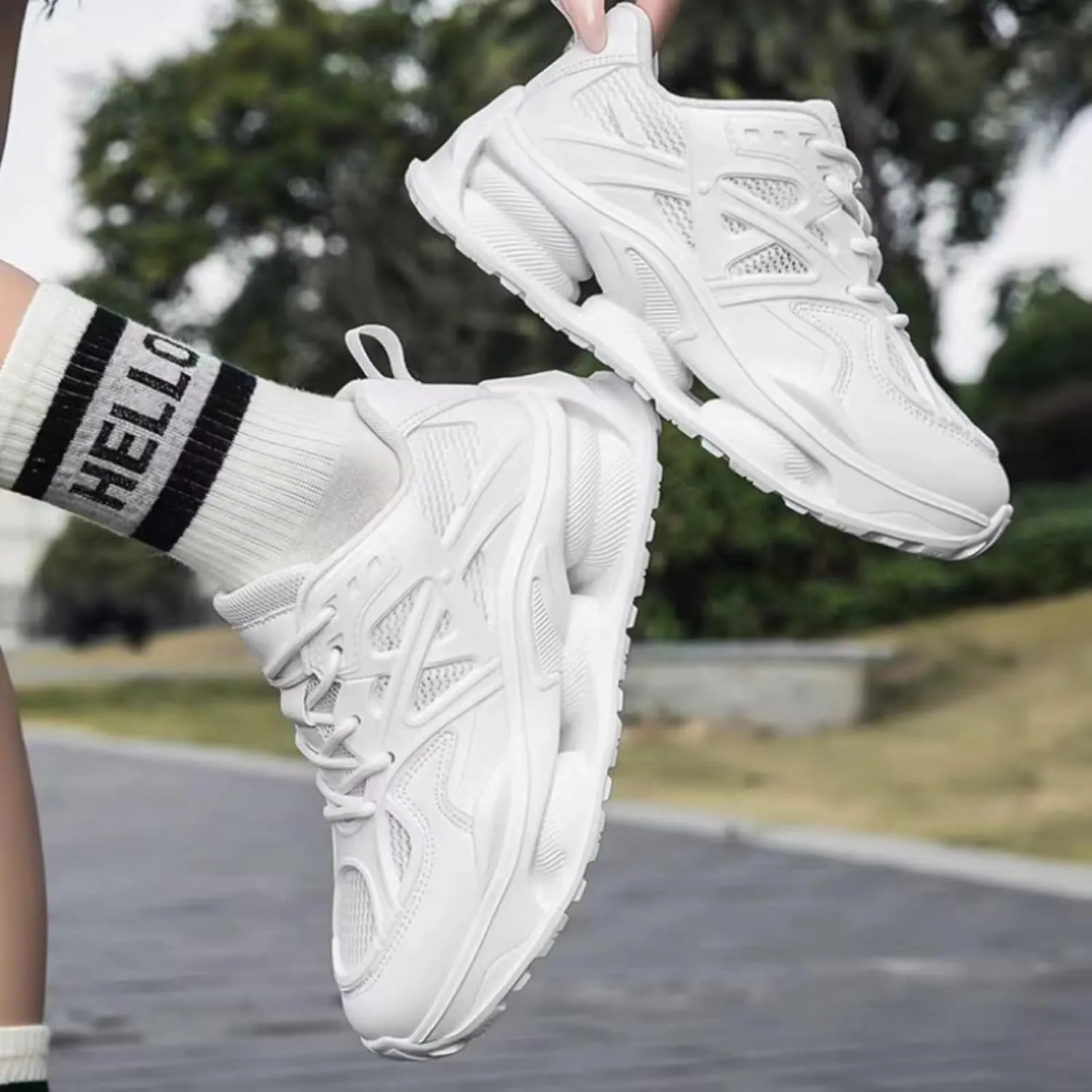 Womens Breathable Leather Lace Up Platform Sneakers Casual Chunky Heels Non-Slip Shock Absorbing Heighten Walking Workout Driving Dad Shoes