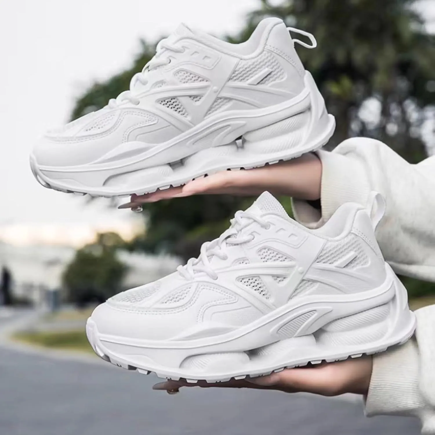 Womens Breathable Leather Lace Up Platform Sneakers Casual Chunky Heels Non-Slip Shock Absorbing Heighten Walking Workout Driving Dad Shoes