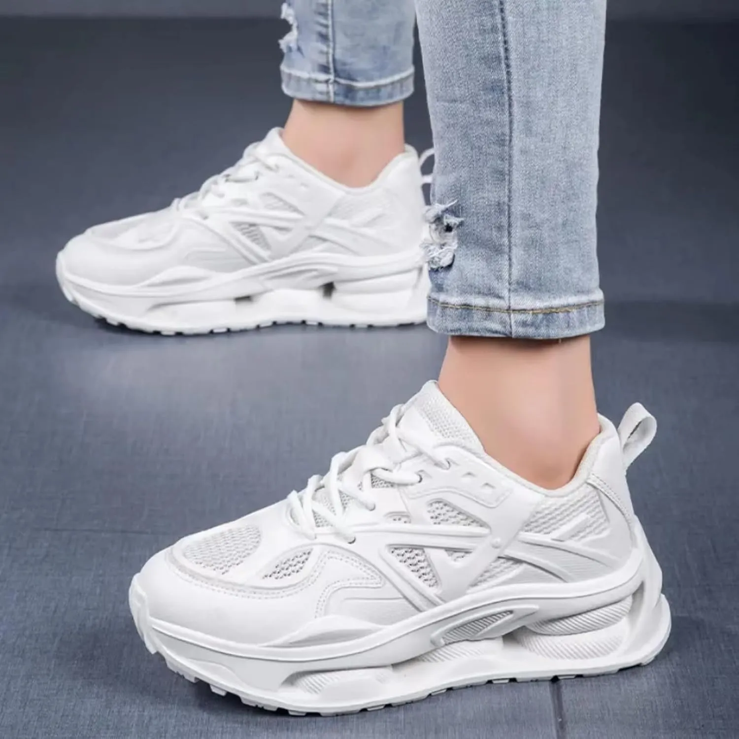 Womens Breathable Leather Lace Up Platform Sneakers Casual Chunky Heels Non-Slip Shock Absorbing Heighten Walking Workout Driving Dad Shoes