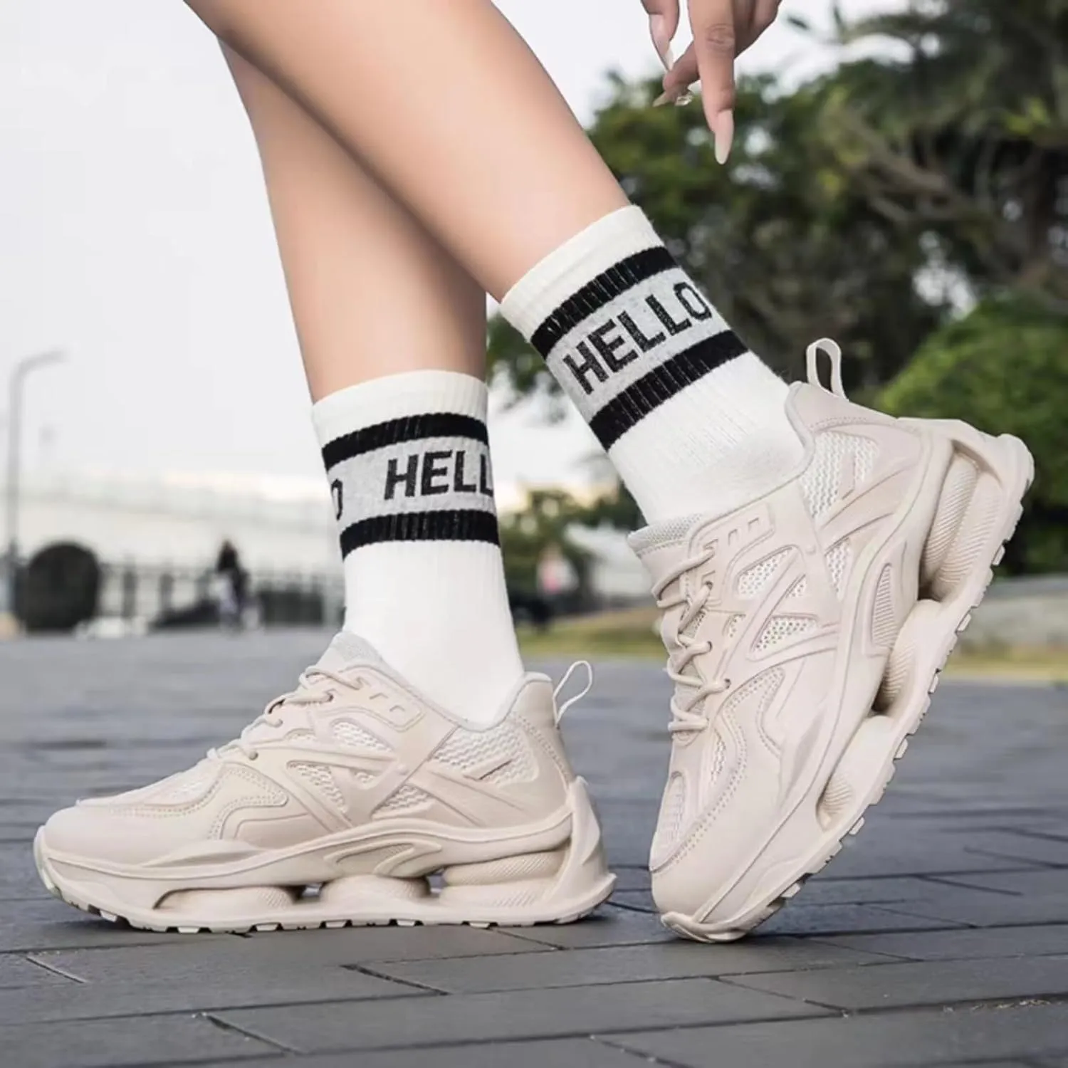 Womens Breathable Leather Lace Up Platform Sneakers Casual Chunky Heels Non-Slip Shock Absorbing Heighten Walking Workout Driving Dad Shoes
