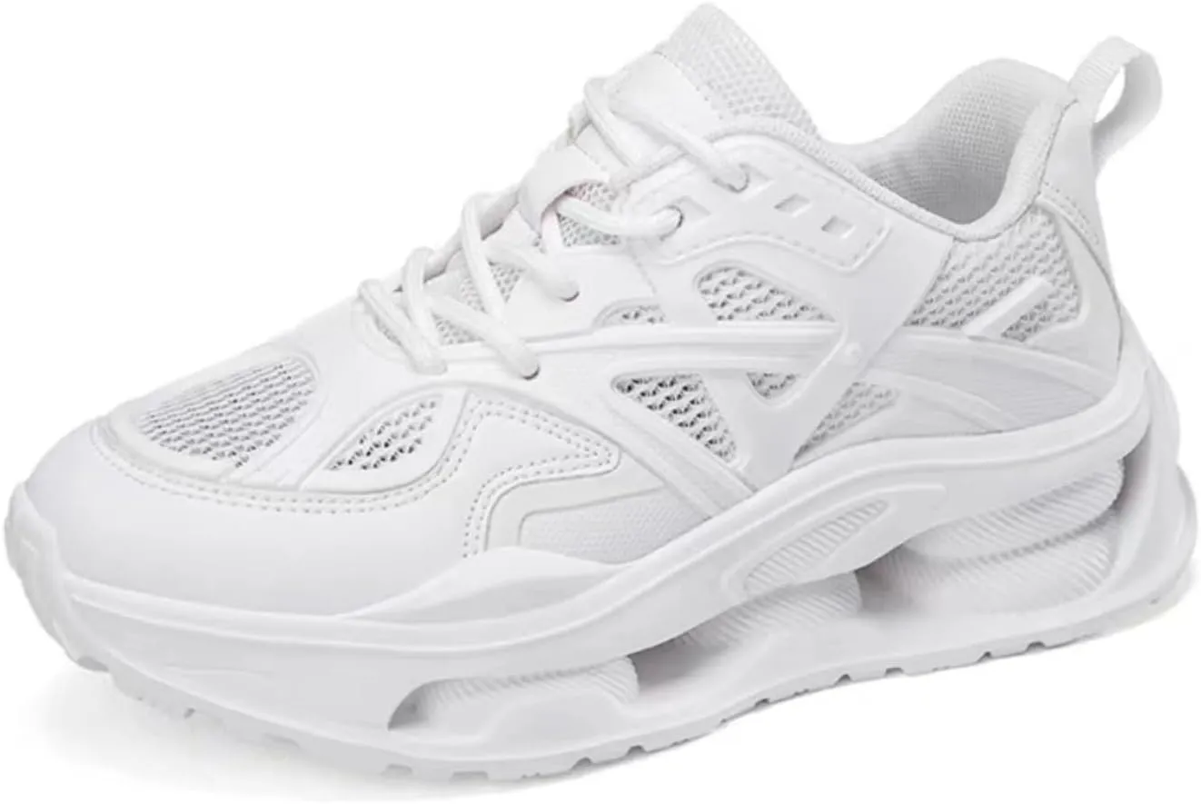 Womens Breathable Leather Lace Up Platform Sneakers Casual Chunky Heels Non-Slip Shock Absorbing Heighten Walking Workout Driving Dad Shoes