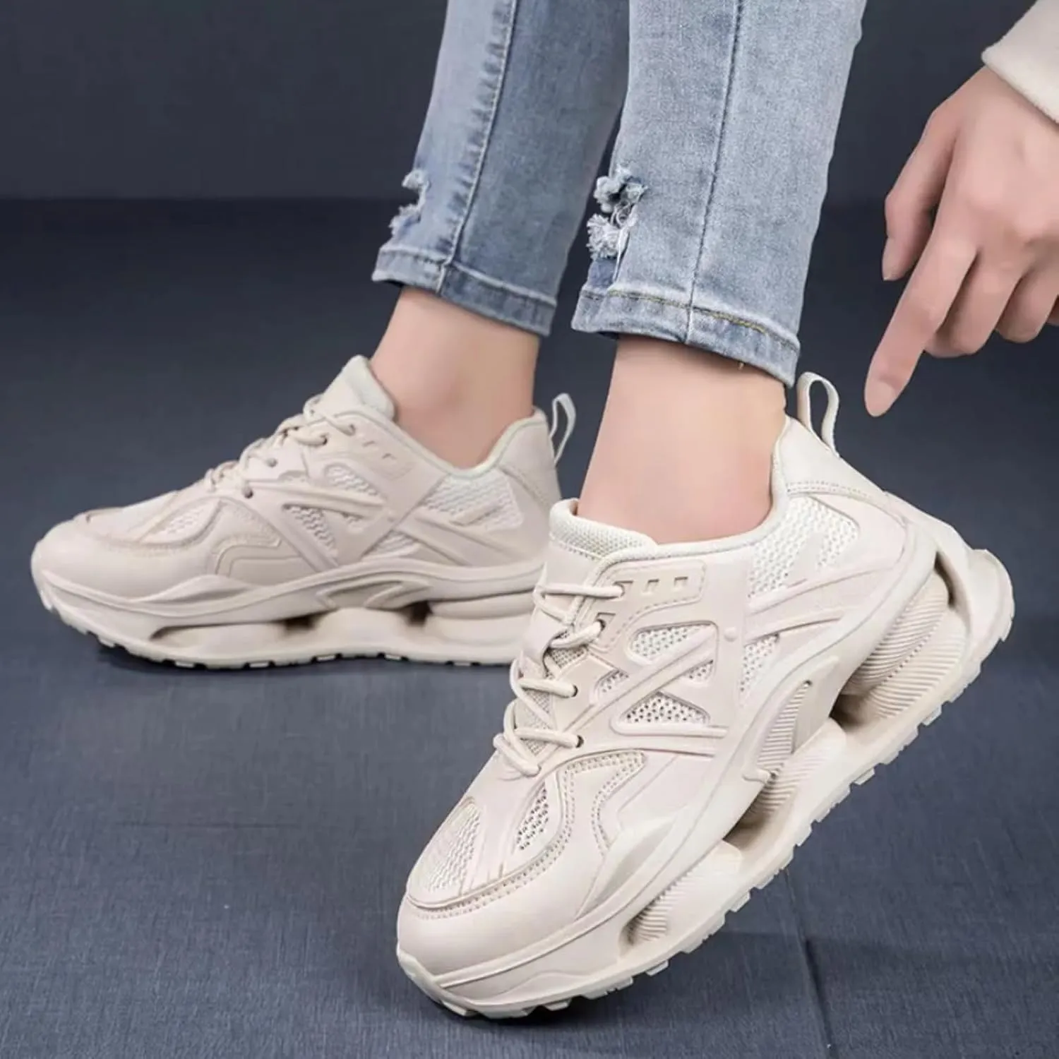 Womens Breathable Leather Lace Up Platform Sneakers Casual Chunky Heels Non-Slip Shock Absorbing Heighten Walking Workout Driving Dad Shoes