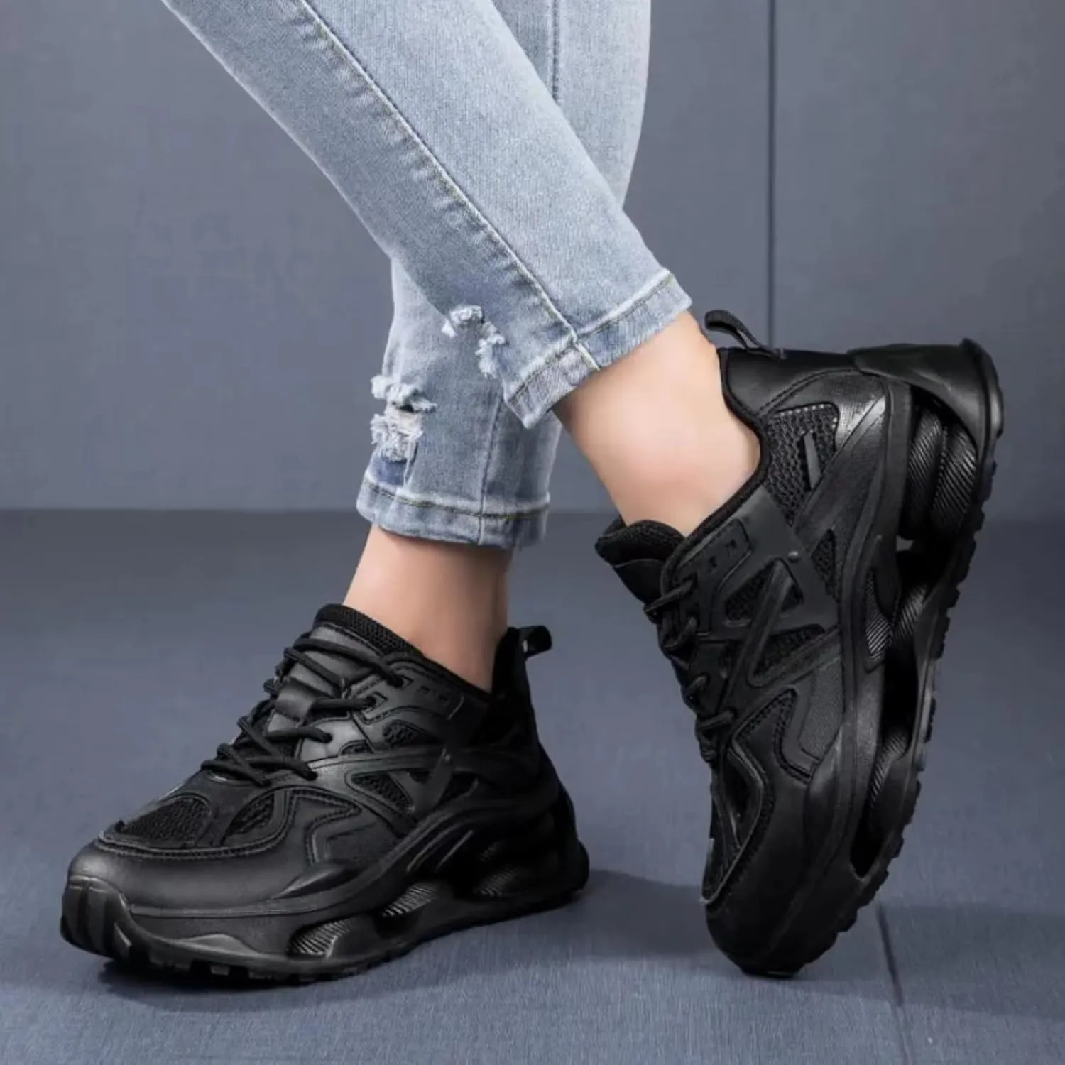 Womens Breathable Leather Lace Up Platform Sneakers Casual Chunky Heels Non-Slip Shock Absorbing Heighten Walking Workout Driving Dad Shoes