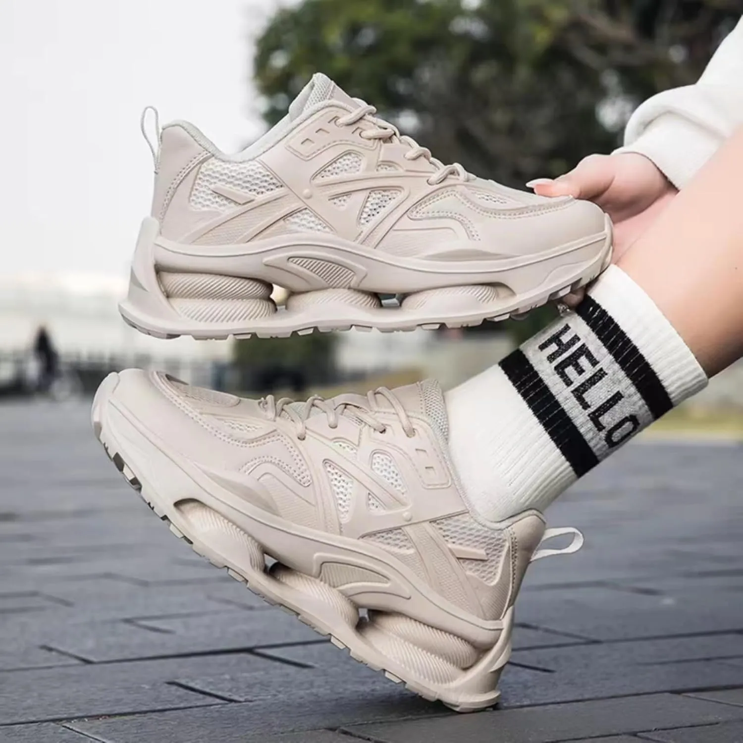 Womens Breathable Leather Lace Up Platform Sneakers Casual Chunky Heels Non-Slip Shock Absorbing Heighten Walking Workout Driving Dad Shoes