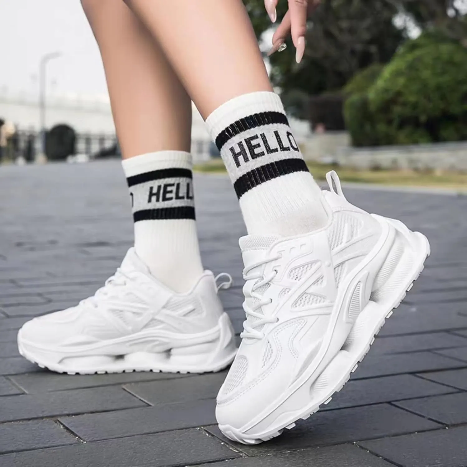 Womens Breathable Leather Lace Up Platform Sneakers Casual Chunky Heels Non-Slip Shock Absorbing Heighten Walking Workout Driving Dad Shoes
