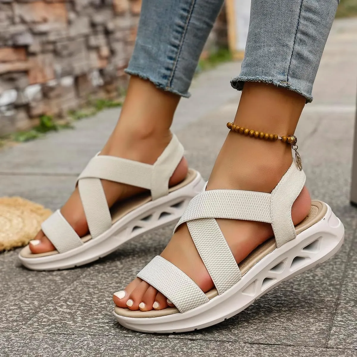 Women's Comfortable Walking Sandals Slingback Lightweight Elastic Ankle Strap Low Wedges Walking Sandals Comfortable Slip On Casual Shoes