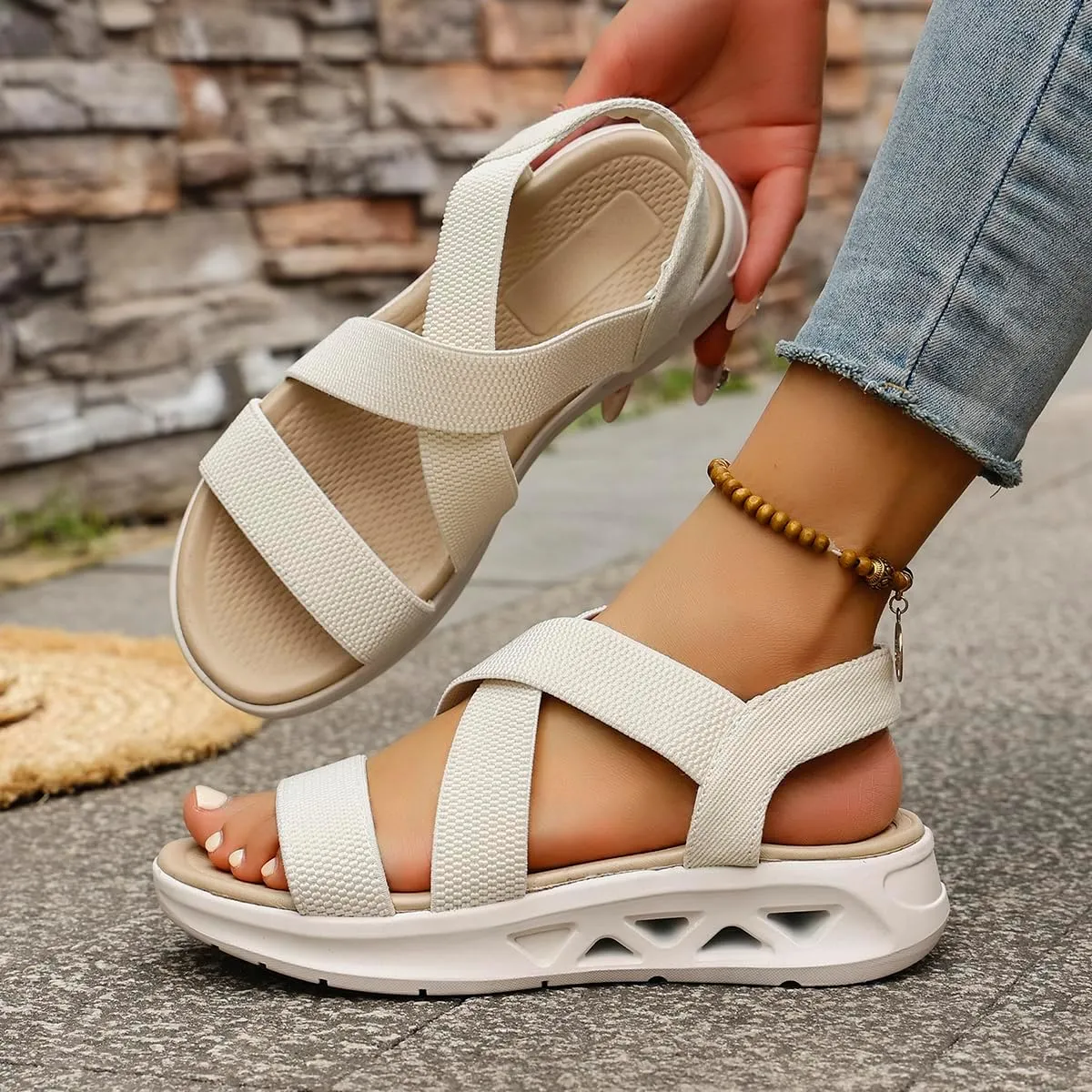 Women's Comfortable Walking Sandals Slingback Lightweight Elastic Ankle Strap Low Wedges Walking Sandals Comfortable Slip On Casual Shoes
