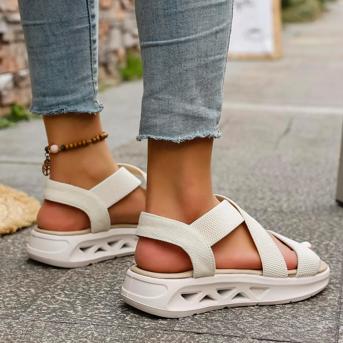 Women's Comfortable Walking Sandals Slingback Lightweight Elastic Ankle Strap Low Wedges Walking Sandals Comfortable Slip On Casual Shoes