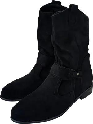 Womens Cowboy Boots Western Suede Side Zip Classic Low Heel Pointed Toe Cowgirl Comfy Ankle Boots Mid-Calf Booties