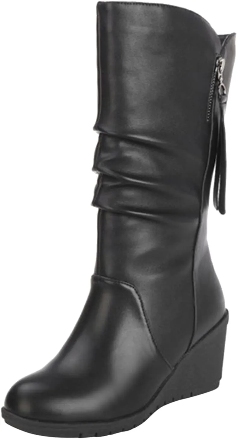 Women's Cowgirl Boots Zipper Mid Calf Wedge Boots Round Toe Wide Width Platform High Heel Tassel Dress Boots