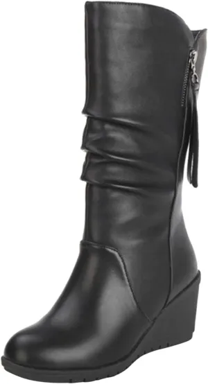 Women's Cowgirl Boots Zipper Mid Calf Wedge Boots Round Toe Wide Width Platform High Heel Tassel Dress Boots