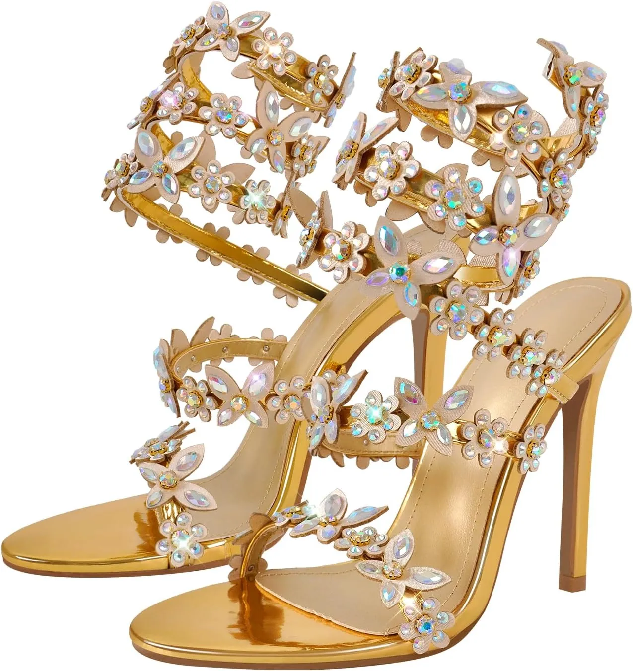 Women's Diamante High Heels Sparkly Spiral Strap Heeled Sandals