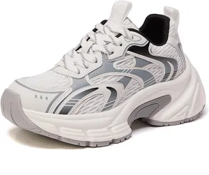 Women's Fashion Sneakers - Breathable Lightweight Mesh Oxford Trainers with Platform/Height Increase, Casual Lace-Up Dad Shoes - Versatile for Autumn,Grey-37