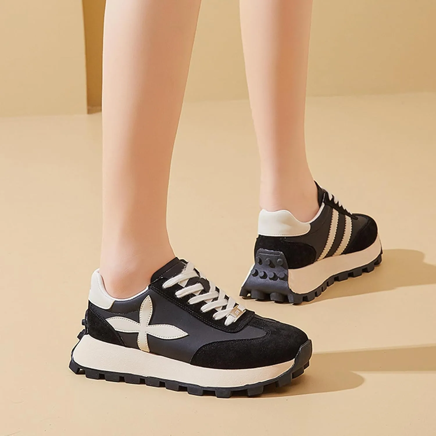 Women's Fashion Sneakers Breathable Lightweight Platform Oxford Trainers Casual Lace-Up - Versatile Retro Dad Shoes for Four Seasons,Black-39