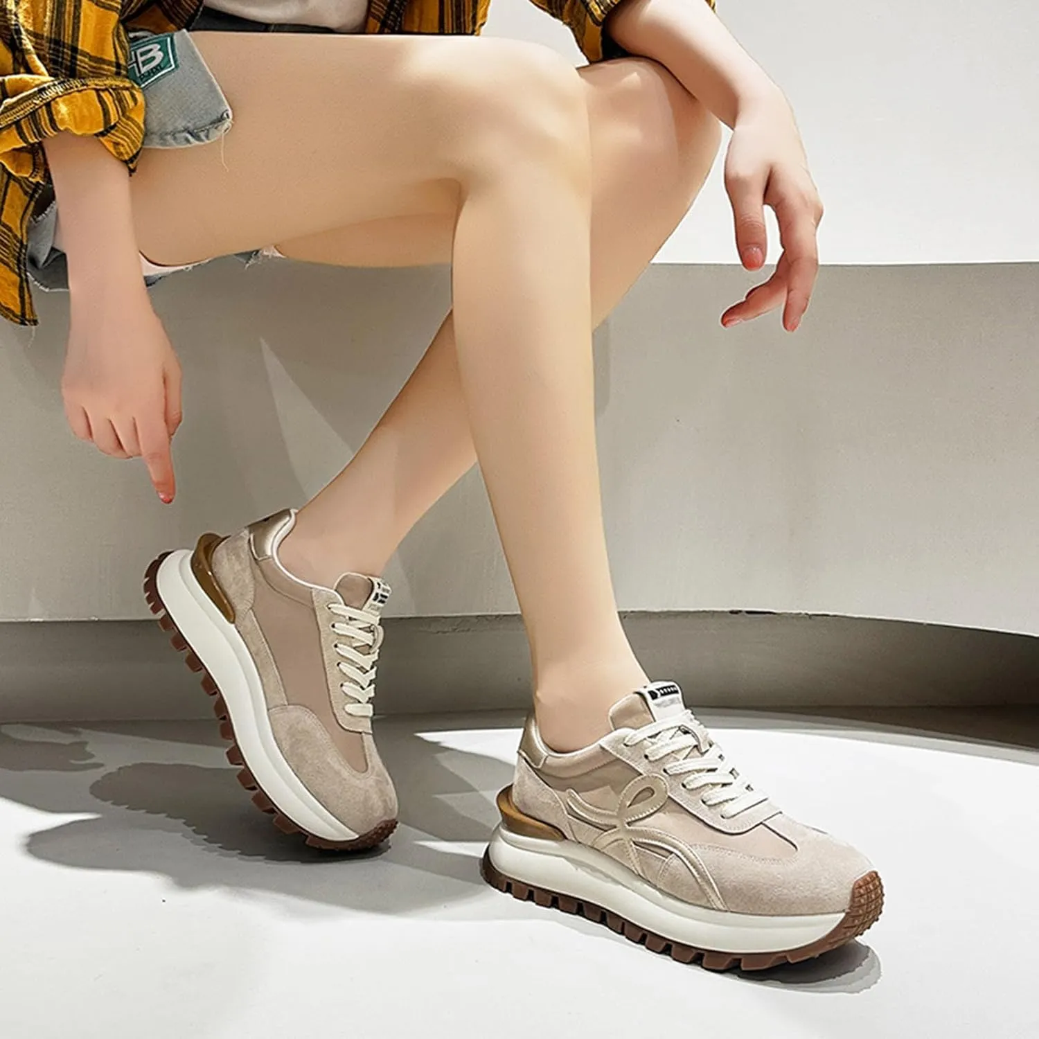 Women's Fashion Sneakers - Breathable/Lightweight Platform Oxford Trainers - Casual Lace-Up Dad Shoes for Trendy, Thick Sole Single Sports Shoes,Apricot-37
