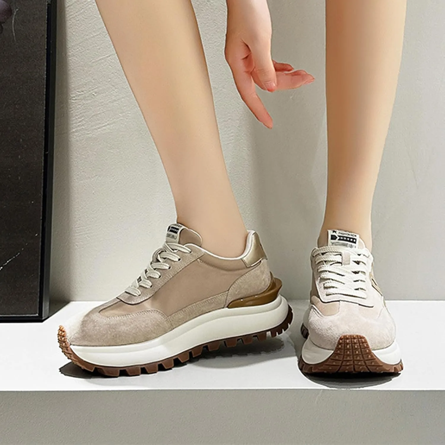 Women's Fashion Sneakers - Breathable/Lightweight Platform Oxford Trainers - Casual Lace-Up Dad Shoes for Trendy, Thick Sole Single Sports Shoes,Apricot-37