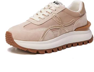 Women's Fashion Sneakers - Breathable/Lightweight Platform Oxford Trainers - Casual Lace-Up Dad Shoes for Trendy, Thick Sole Single Sports Shoes,Apricot-37