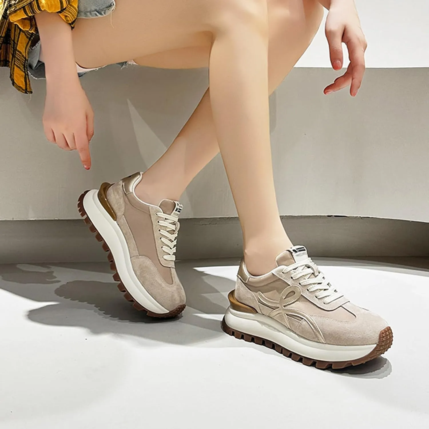 Women's Fashion Sneakers - Breathable/Lightweight Platform Oxford Trainers - Casual Lace-Up Dad Shoes for Trendy, Thick Sole Single Sports Shoes,Apricot-37