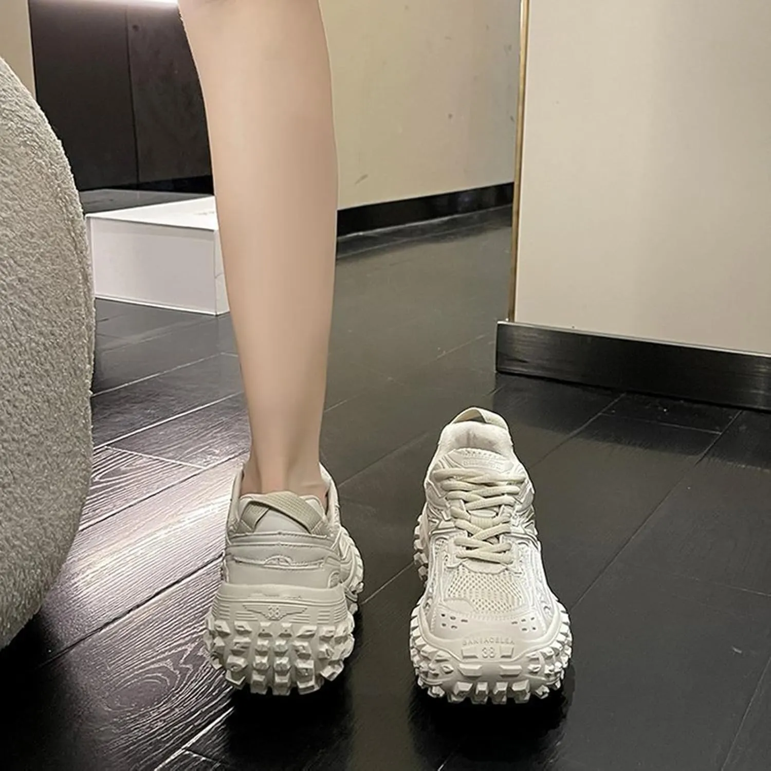 Women's Fashion Sneakers - Casual Breathable Trainers with Oxford Lace Up. Versatile Sports Platform with Tire Bottom - Dad Shoes for Women,Beige-38