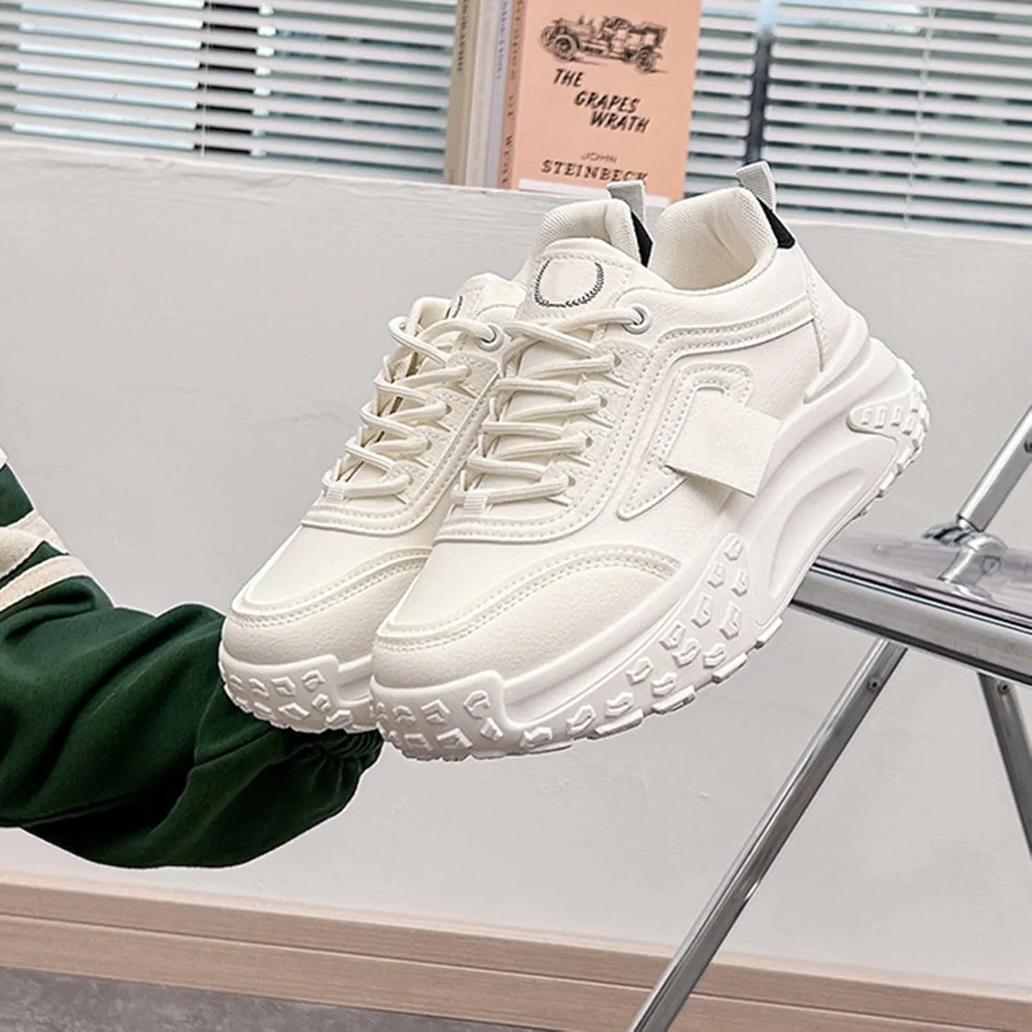 Women's Fashion Sneakers - Cool Autumn Chunky Low-Top Platform Trainers with Breathable Lace-Up for Casual Sports/Dad Shoes,White-37