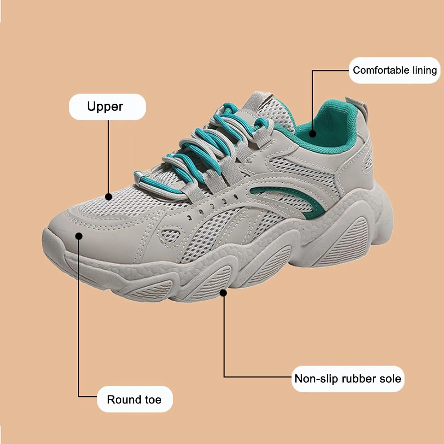 Women's Fashion Sneakers, Cool Mesh Autumn Trainers, Lightweight Breathable Dad Shoes, Chunky Platform Low-top Lace-up Casual Sports,Beige-36