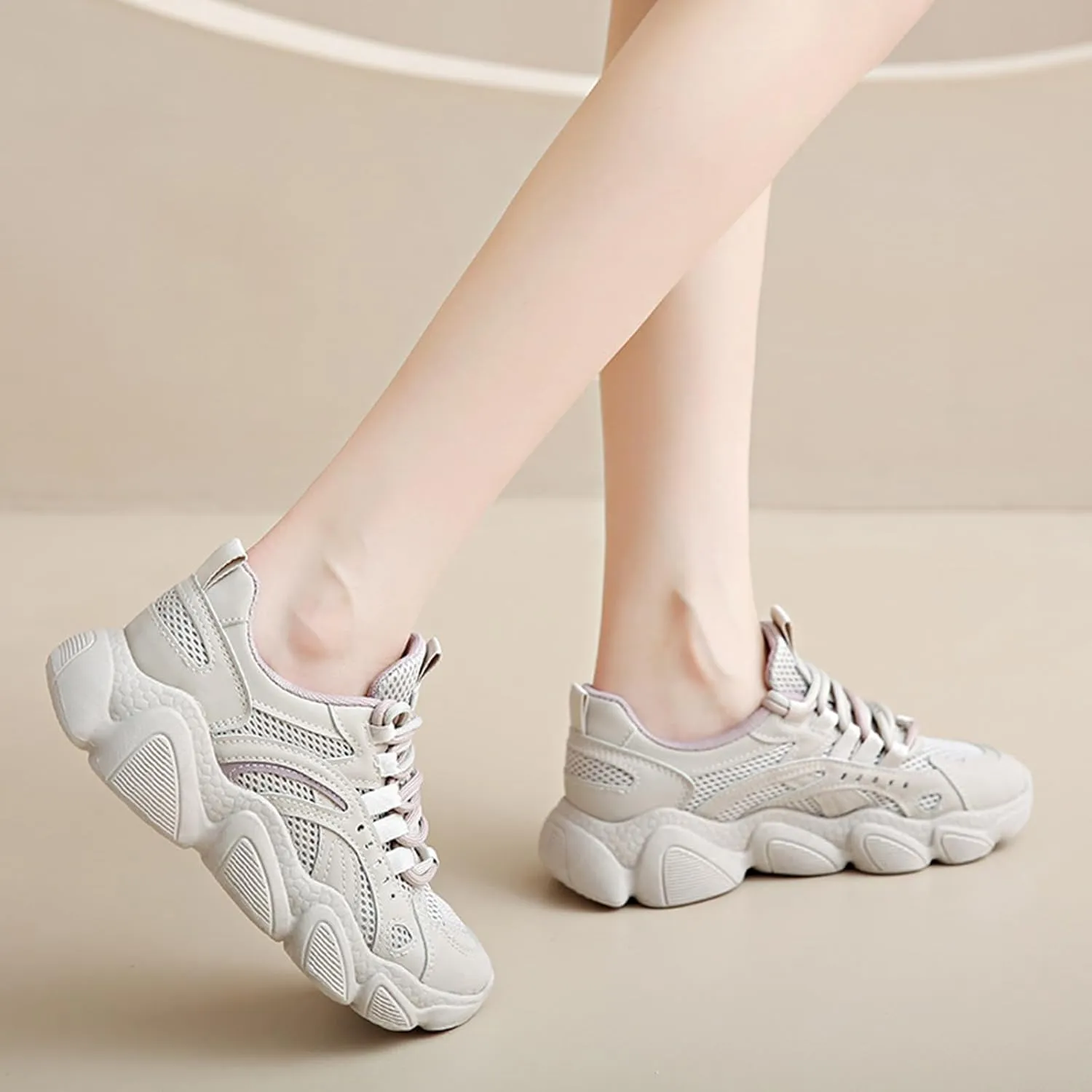 Women's Fashion Sneakers, Cool Mesh Autumn Trainers, Lightweight Breathable Dad Shoes, Chunky Platform Low-top Lace-up Casual Sports,Beige-36