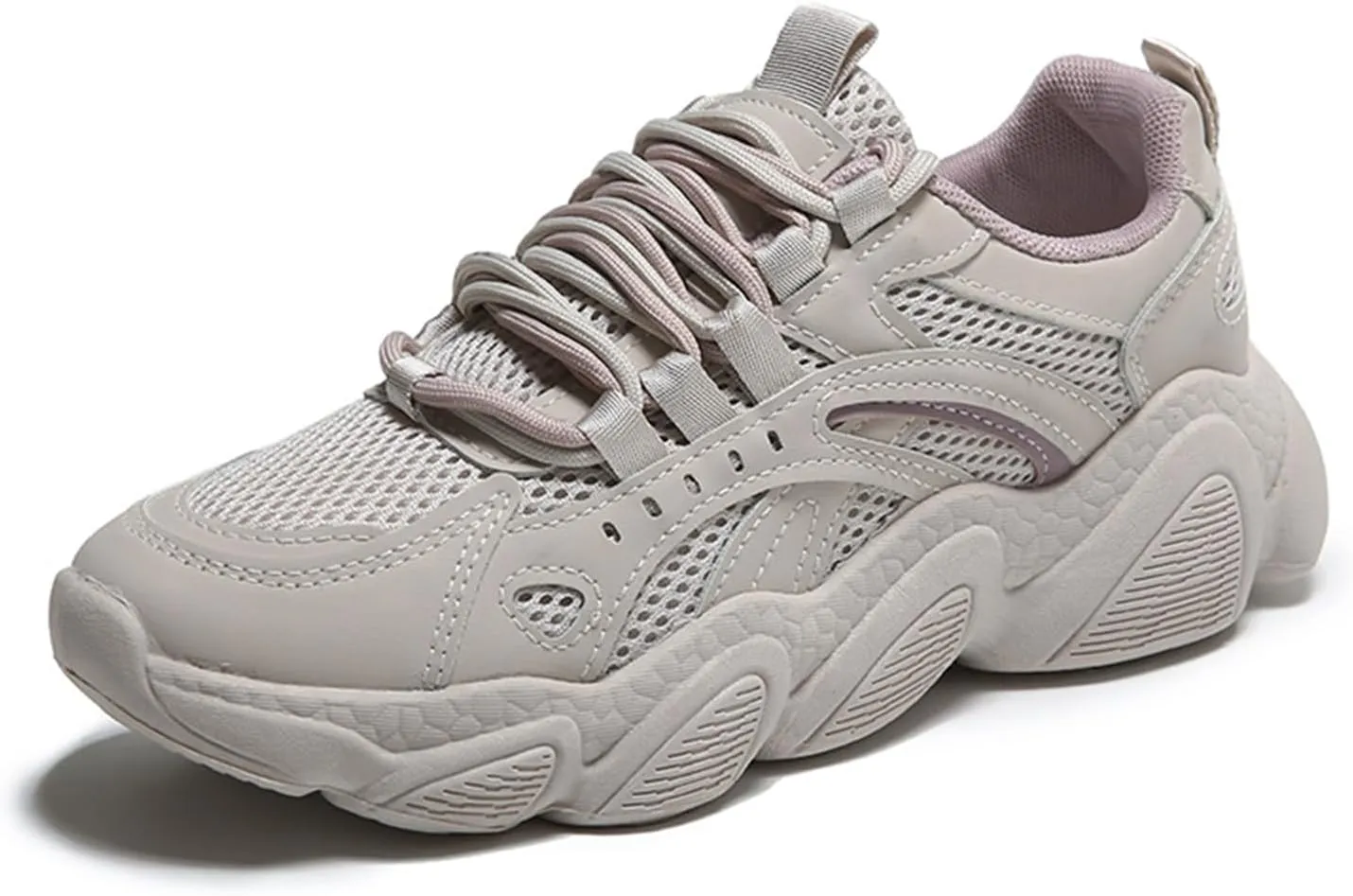 Women's Fashion Sneakers, Cool Mesh Autumn Trainers, Lightweight Breathable Dad Shoes, Chunky Platform Low-top Lace-up Casual Sports,Beige-36