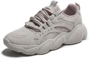 Women's Fashion Sneakers, Cool Mesh Autumn Trainers, Lightweight Breathable Dad Shoes, Chunky Platform Low-top Lace-up Casual Sports,Beige-36