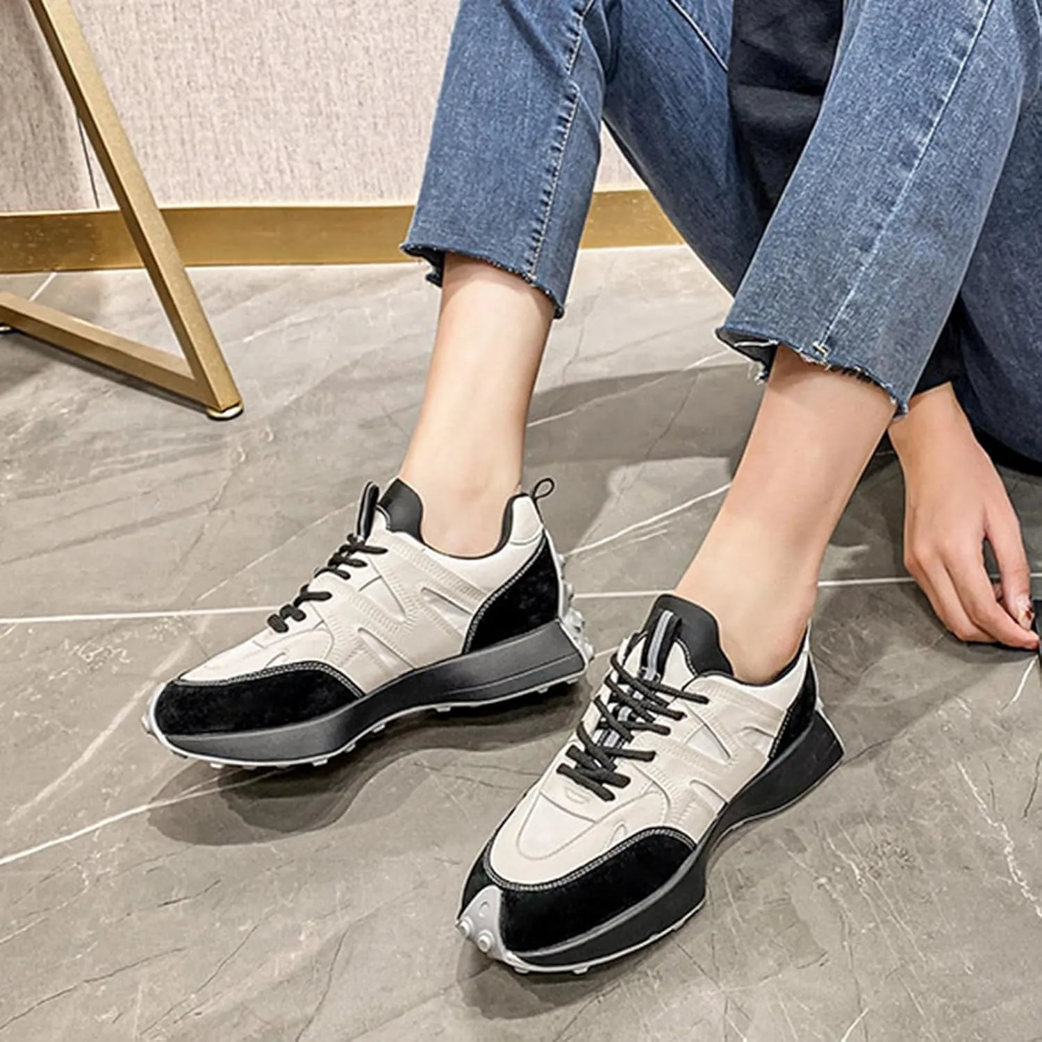 Women's Fashion Sneakers Trainers Casual Breathable Lace Up Platform Oxford - Slimming Dad Shoes for Trendy Autumn Sports,Black-36