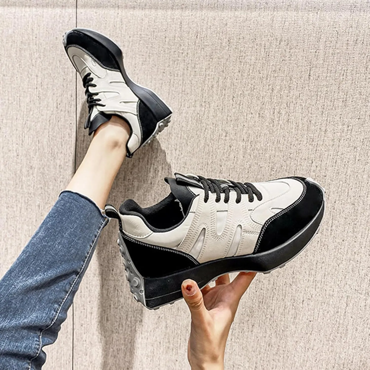 Women's Fashion Sneakers Trainers Casual Breathable Lace Up Platform Oxford - Slimming Dad Shoes for Trendy Autumn Sports,Black-36