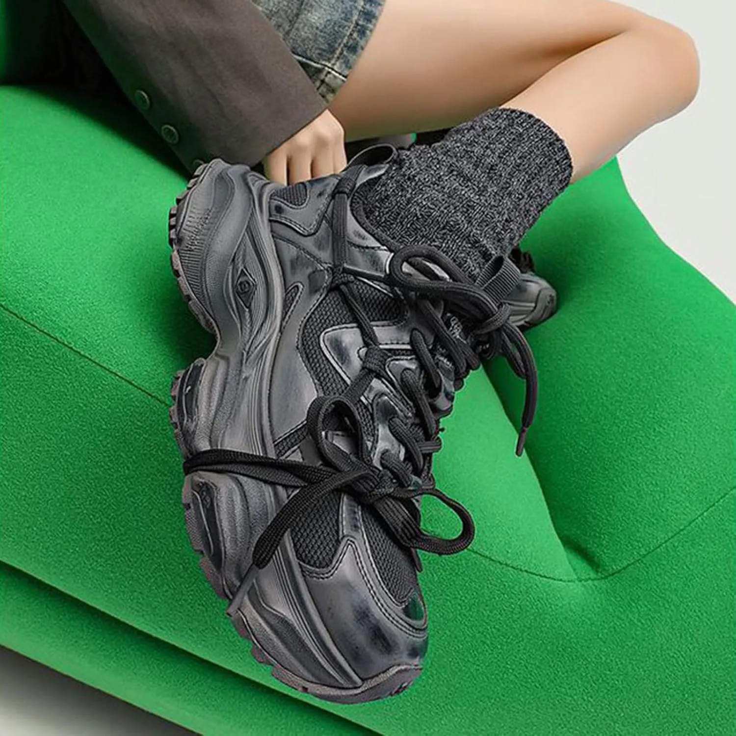 Women's Fashion Sneakers Trainers Casual Breathable Lace Up Platform Oxford Sports Single Shoes Versatile Dad Shoes Height Increase Thick Sole for Women,Grey-35