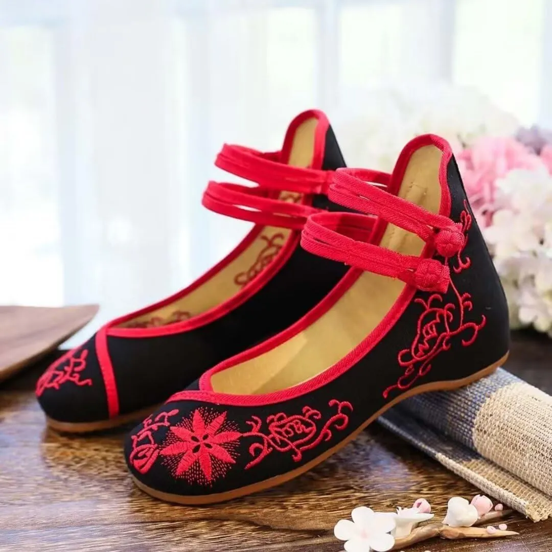 Women's Floral Flats Vintage Embroidered Shoes Mary Jane Shoes Casual Ballet Flats