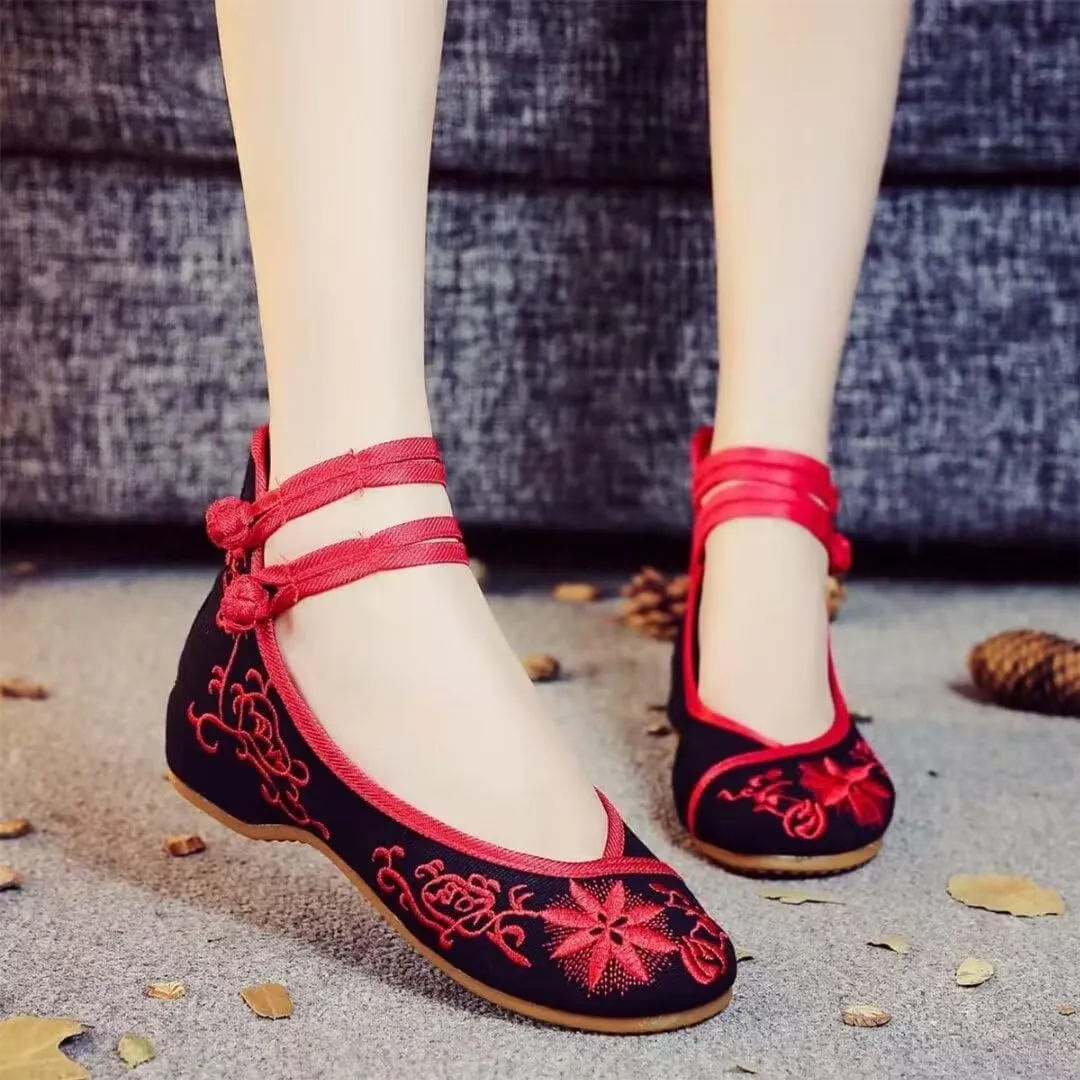 Women's Floral Flats Vintage Embroidered Shoes Mary Jane Shoes Casual Ballet Flats