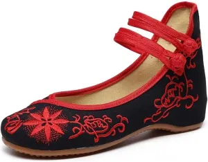 Women's Floral Flats Vintage Embroidered Shoes Mary Jane Shoes Casual Ballet Flats