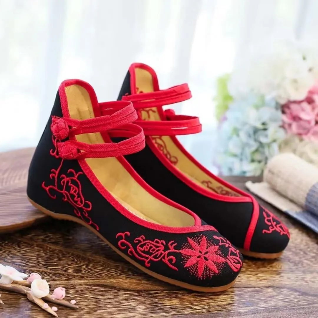 Women's Floral Flats Vintage Embroidered Shoes Mary Jane Shoes Casual Ballet Flats
