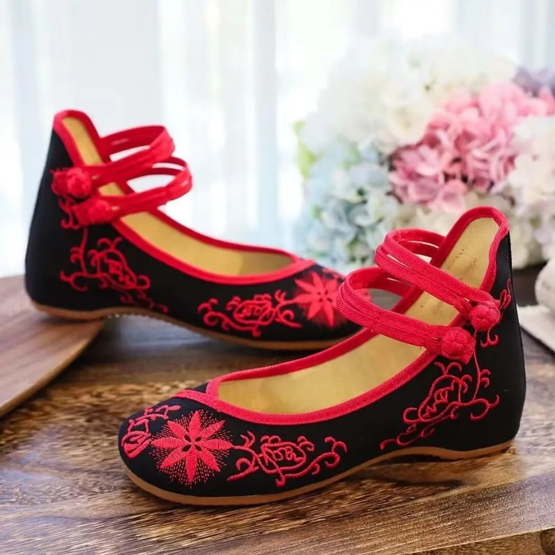 Women's Floral Flats Vintage Embroidered Shoes Mary Jane Shoes Casual Ballet Flats